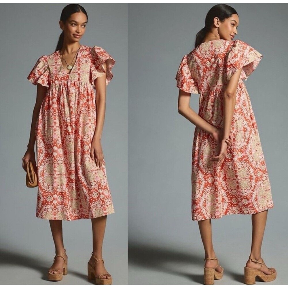 Anthropologie Coral and Cream Patchwork Midi Dress